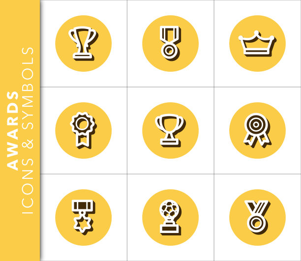 图标和符号设置相关的奖项和奖杯与阴影在黄金背景。图片下载