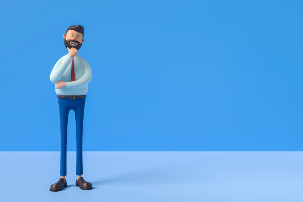 3 d演示。卡通人物可爱的商人孤立在蓝色背景。严肃的人思考姿势。白人男性穿白衬衫，系红领带。图片下载