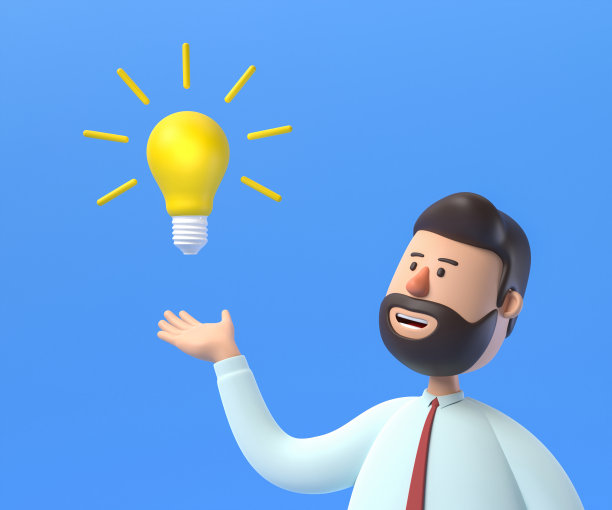 3 d演示。一个孤立在蓝色背景中的卡通人物，一个可爱的商人。一个认真的人，他会摆姿势。一个新的想法图片下载