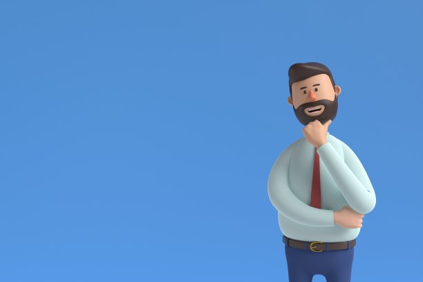 3 d演示。卡通人物可爱的商人孤立在蓝色背景。严肃的人思考姿势。白人男性穿白衬衫，系红领带。图片下载