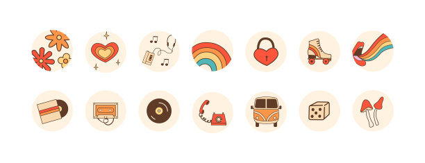 嬉皮复古60年代70年代80年代突出圆形图标图片下载