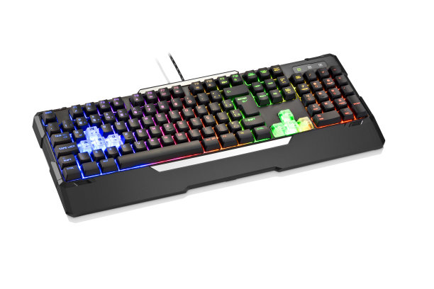 现代电脑玩家的四分之三视图黑色键盘配上彩色灯光，孤立在白色上图片下载