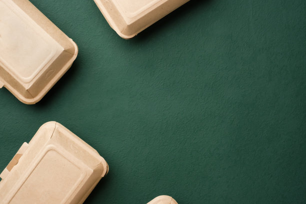 绿色背景的牛皮纸制成的环保一次性食品容器图片下载