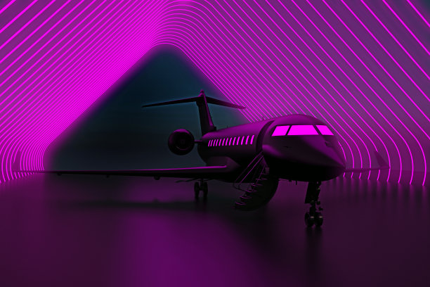 霓虹灯下的黑色私人飞机图片下载