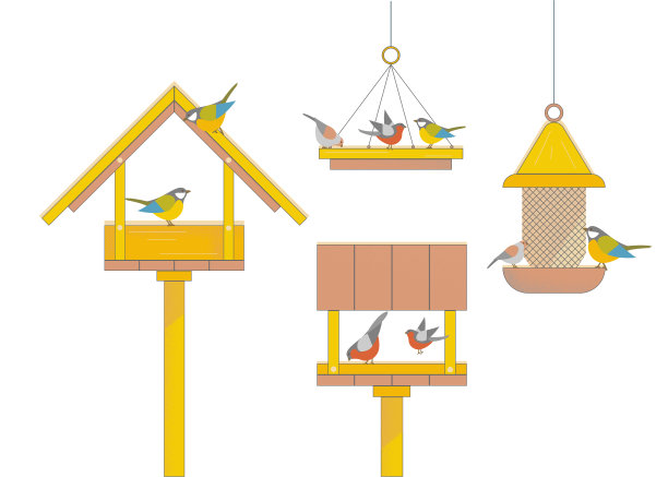 卡通彩色喂鸟器冬季套装概念。向量图片下载