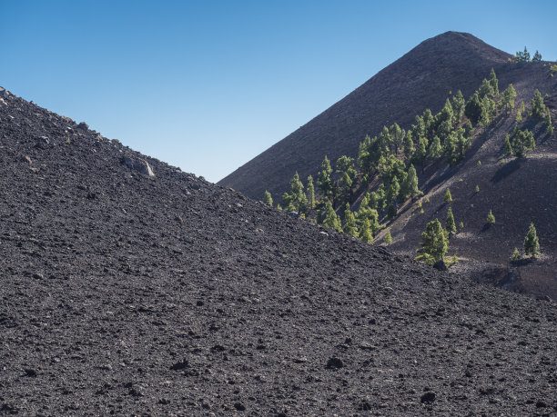 美丽的火山景观，郁郁葱葱的绿色松树和沿着Ruta de los Volcanes路径的五颜六色的火山，美丽的拉帕尔马岛，加那利群岛，西班牙，蓝天背景图片下载