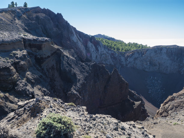 沿着Ruta de los Volcanes小径欣赏El Duraznero火山的火山口，在西班牙加那利群岛的拉帕尔马岛，美丽的徒步旅行路线，蓝天背景图片下载