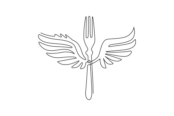单线画食物叉用翅膀飞图片下载