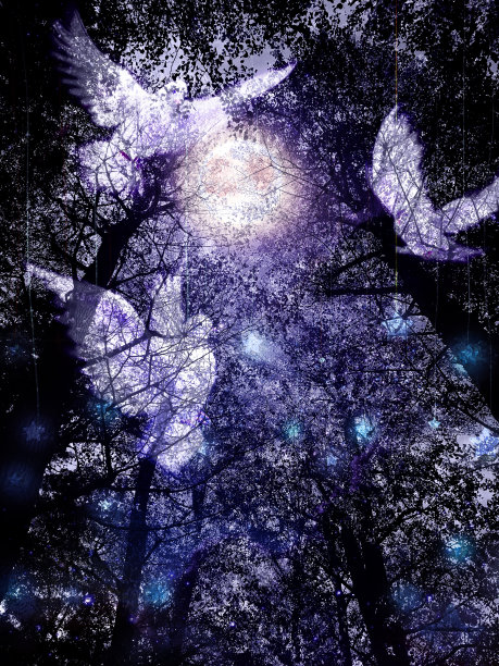 三只白鸽在美丽的星空下飞翔，满月和一棵老树的剪影，一棵老树的剪影和三只白鸽在它周围飞翔图片下载