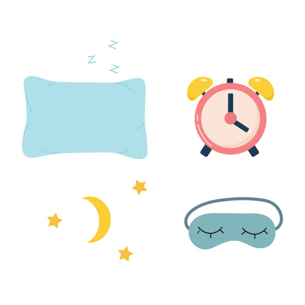 一套枕头，睡眠面膜，闹钟，月亮和星星。矢量插图。设计模板。甜美的梦图片下载