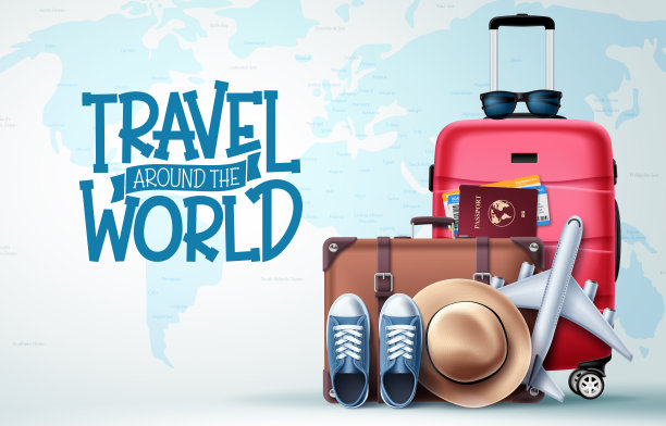 旅行世界矢量设计。环游世界的文字在空白的地图背景图片下载