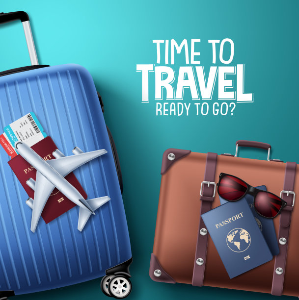 旅行时间矢量背景设计。旅行准备去文字在蓝色的空白图片下载