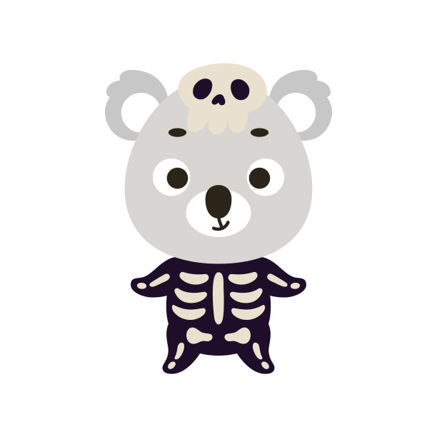 穿着骷髅装的可爱小考拉。卡通动物角色的孩子t恤，幼儿园装饰，婴儿淋浴，贺卡，邀请，房子内部。向量股票插图图片下载