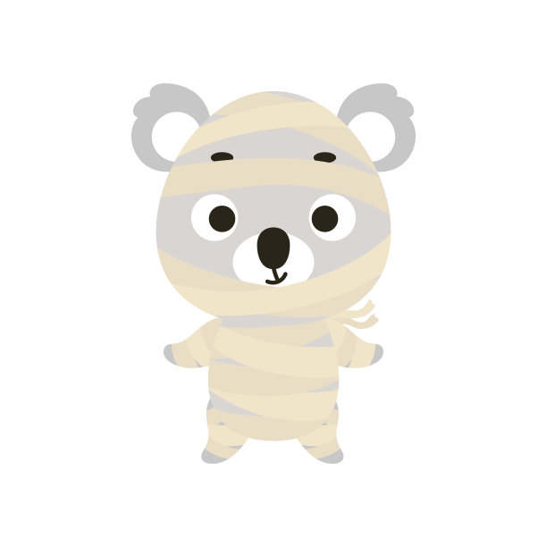 穿着木乃伊服装的可爱的万圣节小考拉。卡通动物角色的孩子t恤，幼儿园装饰，婴儿淋浴，贺卡，邀请，房子内部。向量股票插图图片下载