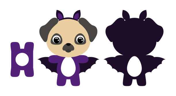 可爱的死切万圣节哈巴狗巧克力蛋持有人模板。穿着蝙蝠服装的卡通动物角色。复活节彩蛋的零售纸盒。可打印颜色方案。向量股票插图图片下载