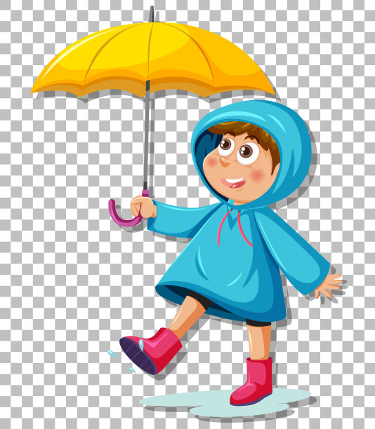 一个男孩穿着蓝色雨衣，带伞格图片下载