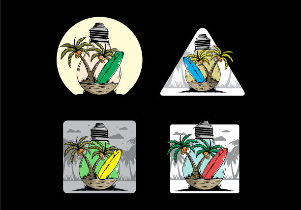 椰子树和冲浪板在一个灯泡图片下载