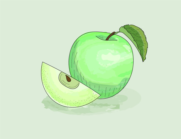 青苹果和切片水彩用墨水固体图片下载