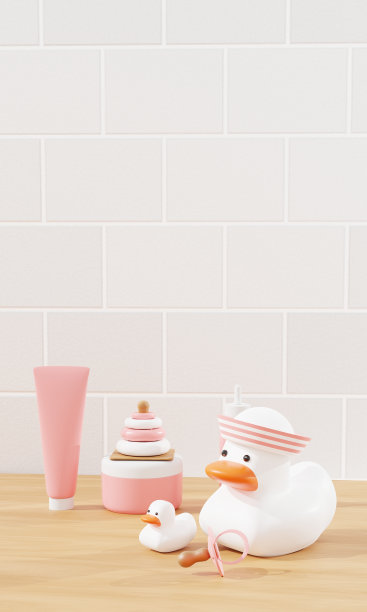 3 d渲染。婴儿洗澡配件在桌子上瓷砖背景。洗发膏和沐浴露瓶子，鸭子玩具，毛巾。3 d图片下载