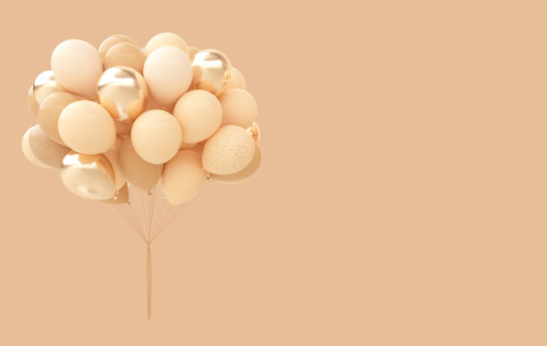 米色，金色气球孤立在米色背景。3d渲染派对设计气球束图片下载