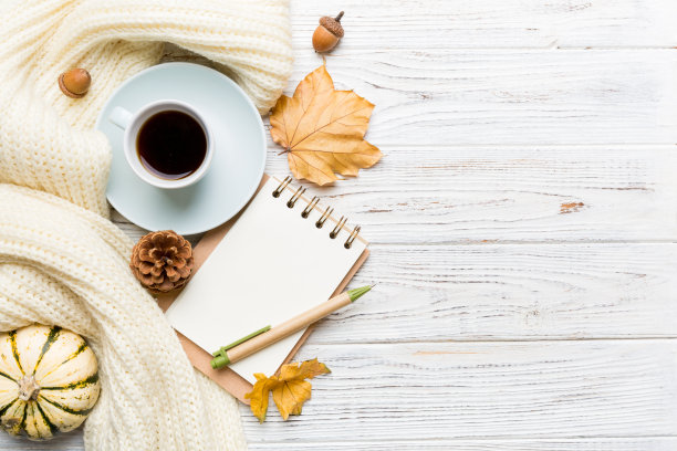 秋季构图:在彩色背景上模拟落叶和手工写生本。前视图。平面铺设与拷贝空间图片下载