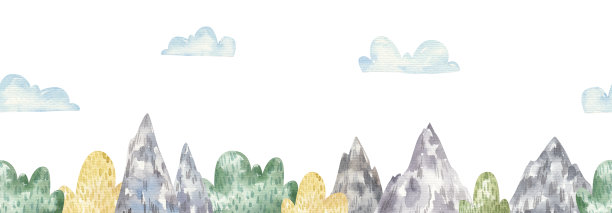 可爱幼稚的水彩插图与景观元素，自然剪贴画图片下载