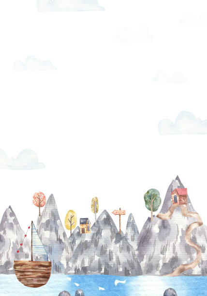 可爱幼稚的水彩插图与景观元素，自然剪贴画图片下载