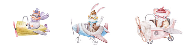 可爱幼稚的水彩插图，有有趣的卡通飞行员，飞机上的动物图片下载