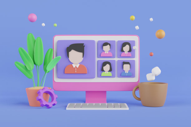 3D家庭视频通话演示，在线工作会议概念。在线会议，虚拟会议视频通话，简报，团队合作概念与三维形状，聊天框，齿轮，信息图表。三维渲染图片下载