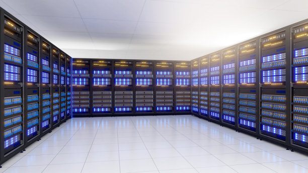 具有多行完全运行的服务器机架的数据中心的镜头。现代电信、人工智能、服务器机房、3d渲染图片下载