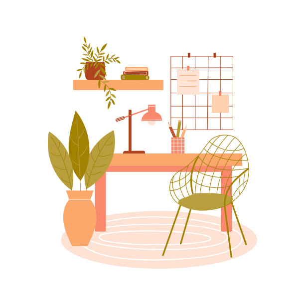 书桌、椅子、架子、灯、室内植物图片下载