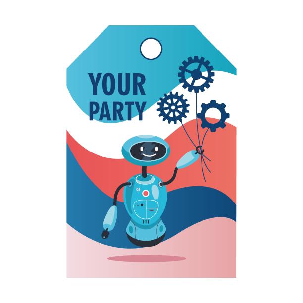 机器人标签，邀请卡，明信片设计。机器人显示标签。人形机器人，电子人，智能机器矢量插图与文本图片下载