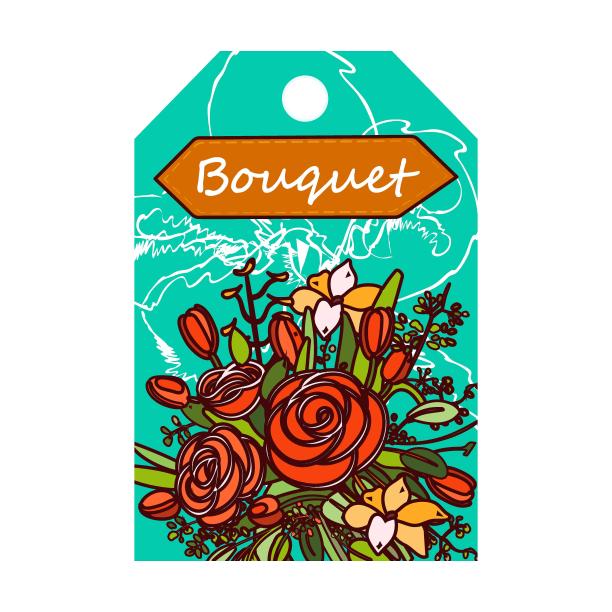 花店或春天的概念贺卡和标签设计。标签用鲜花。束在花瓶，郁金香，玫瑰矢量插图与文字在红色和蓝色的背景图片下载