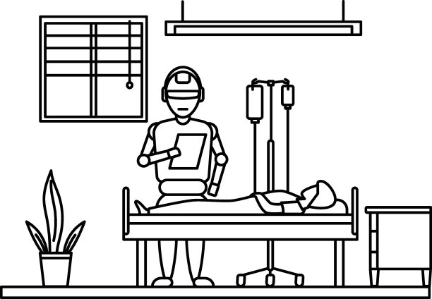 机器人阅读报告矢量图标设计，机器人医学符号，医疗保健场景标志，创新人工智能作品在现代诊所股票插图，机器人护士概念图片下载