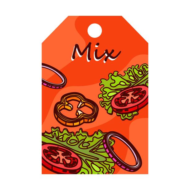 特殊的标签设计与汉堡。配料切片，酱汁和煎蛋在五颜六色的背景。不健康饮食和营养观念图片下载