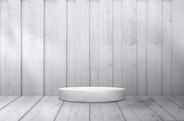 白色木材展示背景，室内工作室室内木地板上的3D平台，灰色的墙壁背景。灰色水洗木条纹房间与立场，背景横幅设计的产品目前图片下载