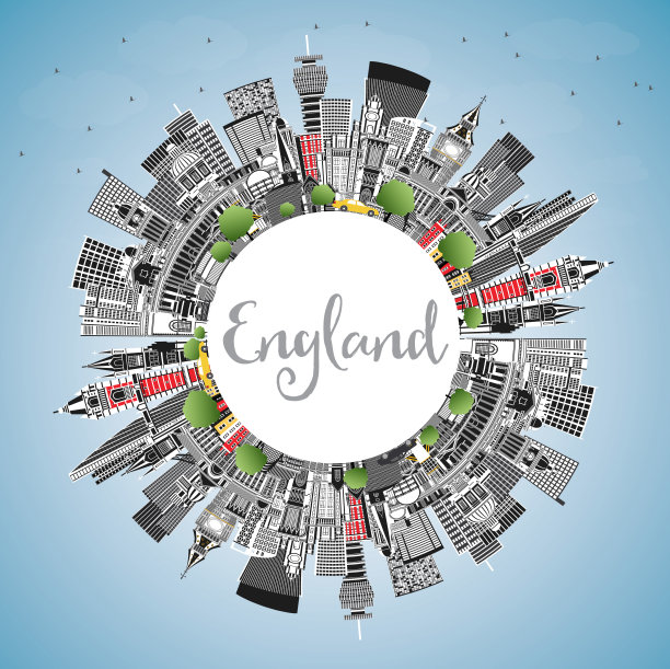 英格兰城市天际线与灰色建筑，蓝天和拷贝空间。图片下载