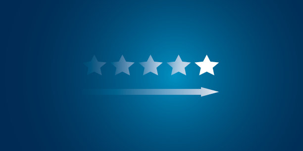 五星评级评论滑块箭头蓝色背景。服务质量满意度最佳排名理念。图片下载
