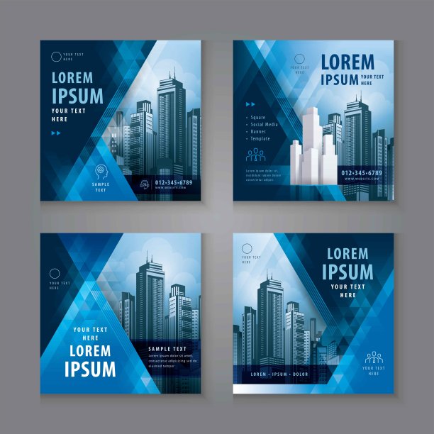 摘要社交媒体横幅模板集合，抽象蓝色几何三角形背景图片下载