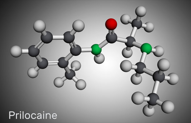 丙胺卡因分子。它是局部麻醉剂，用于牙科手术。分子模型。三维渲染图片下载