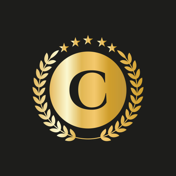 字母C概念印章，金色桂冠和丝带。豪华的黄金纹章徽章元素图片下载