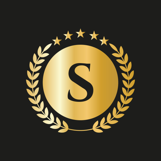 字母S概念印章，金色月桂花环及丝带。豪华的黄金纹章徽章元素图片下载