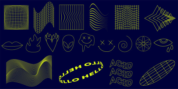 迷幻狂欢大集合。迷幻的复古的微笑。迷幻漏洞百出的插图。变形格栅组图片下载