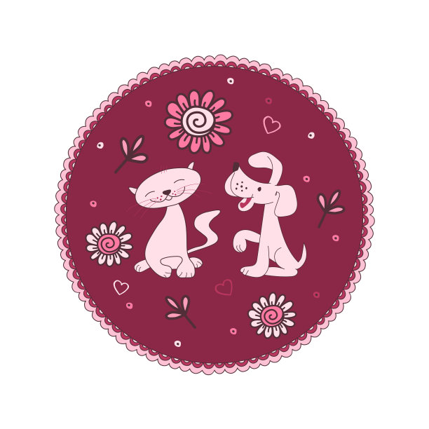 微笑的猫和快乐的狗在红色的背景，花和心。圆形矢量插图孤立在白色背景上。图片下载