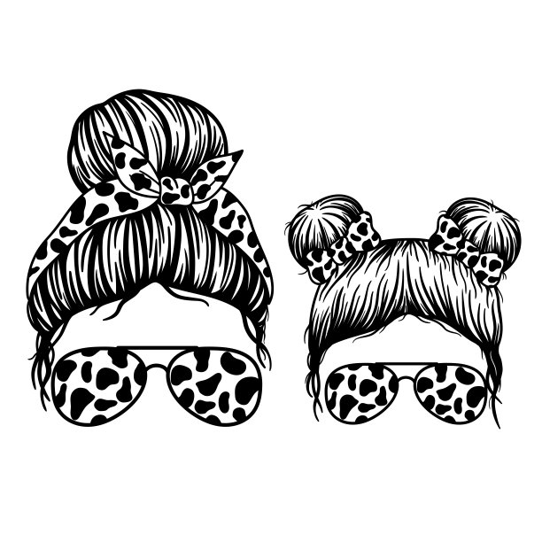 妈妈和孩子的生活。女人脸和女孩脸与飞行员眼镜，大手帕和牛印。凌乱的包子妈妈生活方式。凌乱的包头女孩生活方式。矢量插图。图片下载
