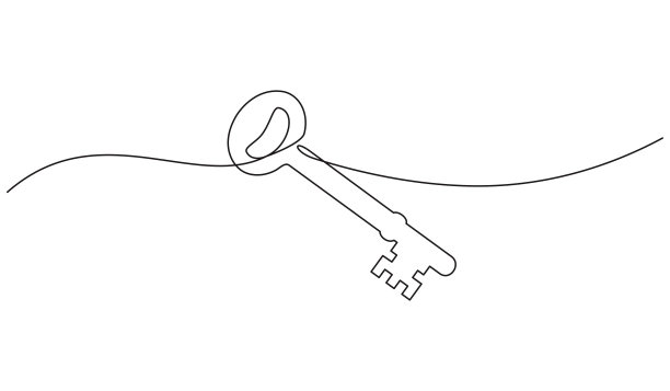画一条连续的键线。房产锁图标。成功的关键，解决方案，机会，和安全概念在涂鸦风格。图片下载