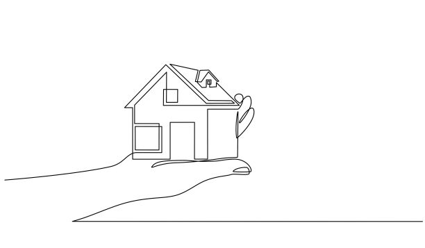 手握微型单线风格的小房子。图片下载