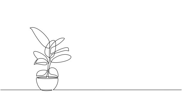 连续画花盆里的花。盆栽树采用单线艺术，美学轮廓。非常适合家居装饰，墙壁艺术海报，或t恤印花。单线艺术的树在涂鸦风格图片下载