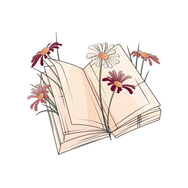 矢量插图打开的书与雏菊和草孤立在白色。图片下载