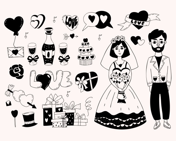 婚礼集合。新婚夫妇，新娘身着婚纱，手持花束和新郎，礼物，酒杯和香槟，心，爱的象征。独立矢量手涂鸦婚礼设计和装饰。图片下载